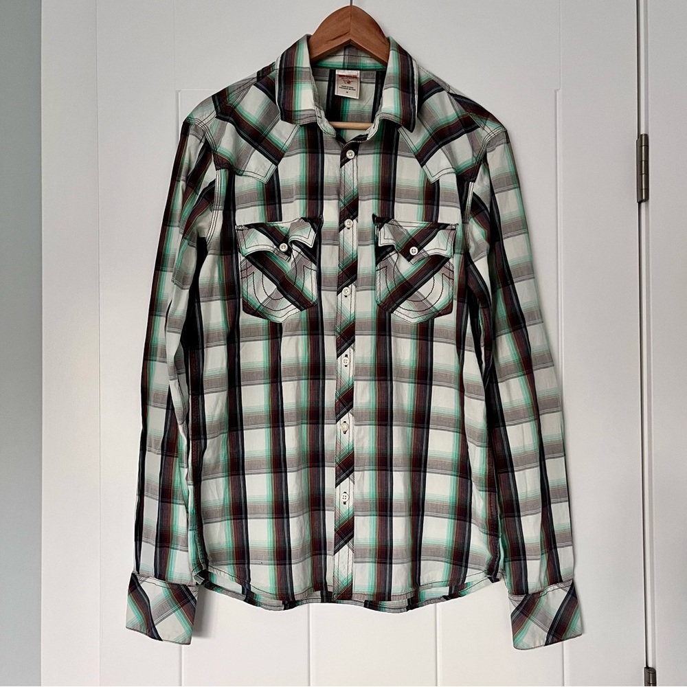 True Religion Western Plaid Cotton Long Sleeve Button Up Shirt Flawed Medium